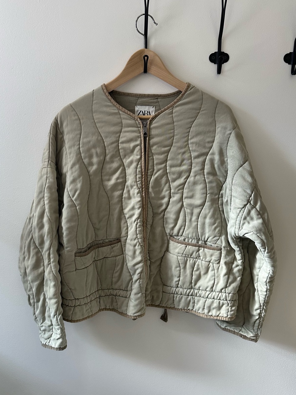 Zara Quilted Bomber Jacket in Light Olive Green